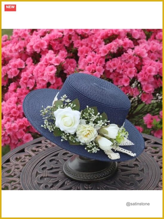 Handwoven Crochet Straw Panama Sun Hat with Flower Decor